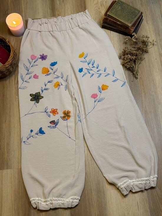 Handmade Pants - Hand Painted Upcycled Cottagecore Harem Boho Balloon Pants